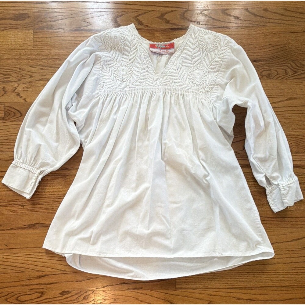 Nativa Women’s White Embroidered Tunic Blouse V-Neck 3/4 Sleeve Cotton XL